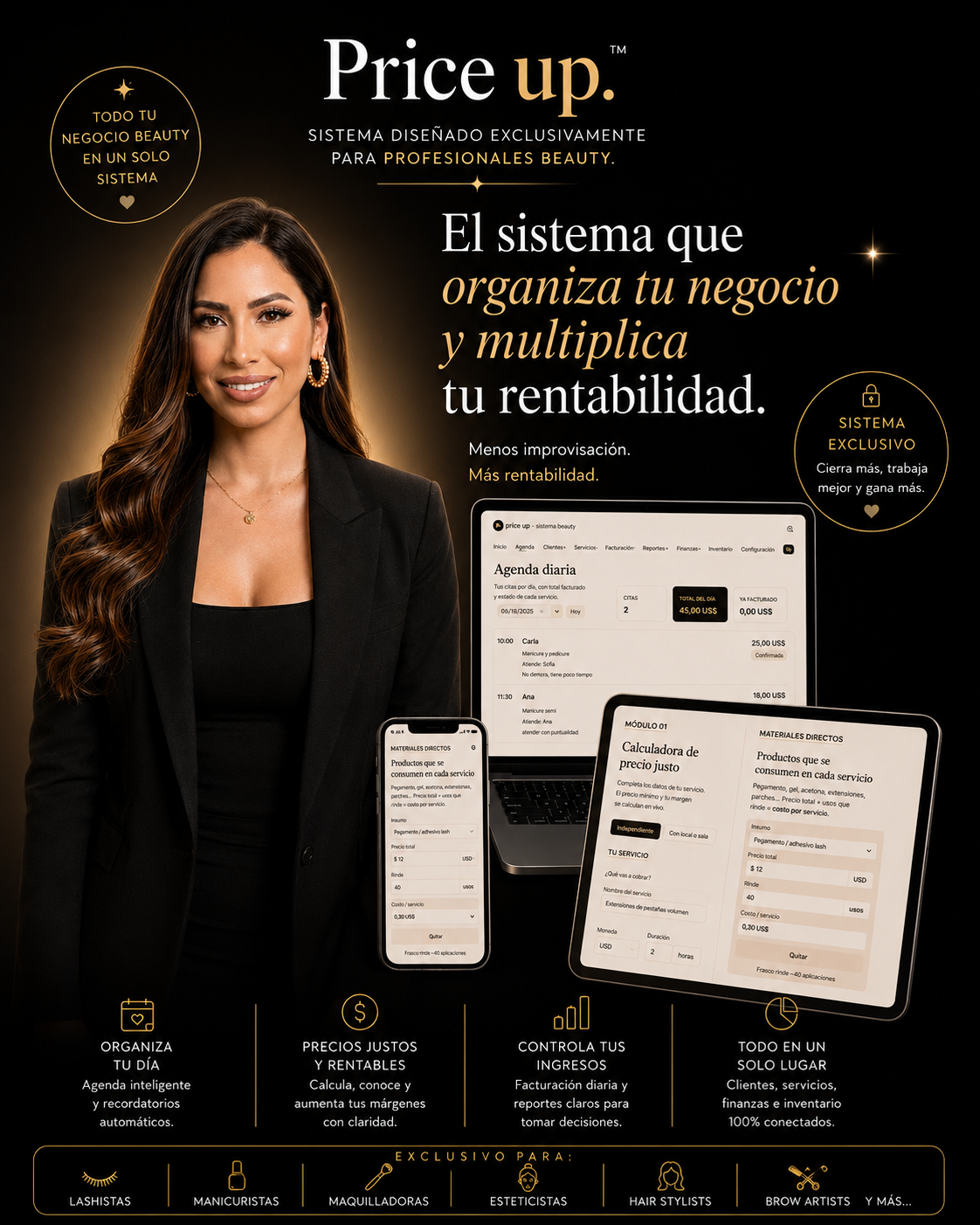 Vista del panel de Price Up con agenda, precios y rentabilidad
